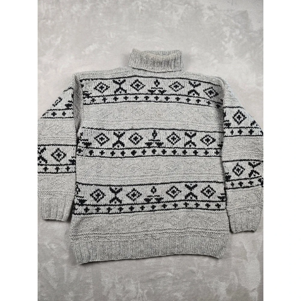 Vintage Gap Turtleneck Sweater‎ Mens L Gray 100% Wool Hand Knit Fair Isle *Read